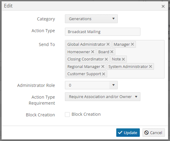 Action Type Setup: Broadcast Mailing – Vantaca Library