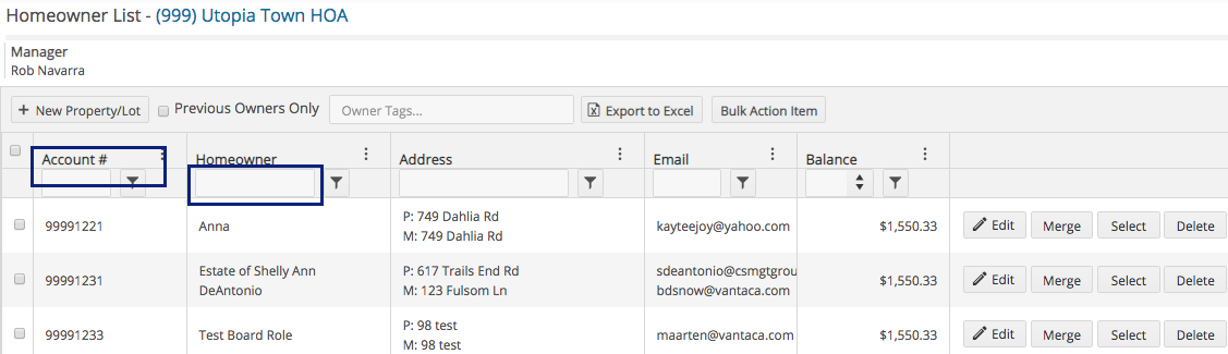 Overview of the Homeowner List Page – Vantaca Library