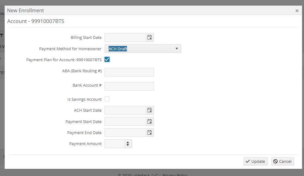Payment Plan fields for start date, end date, and amount