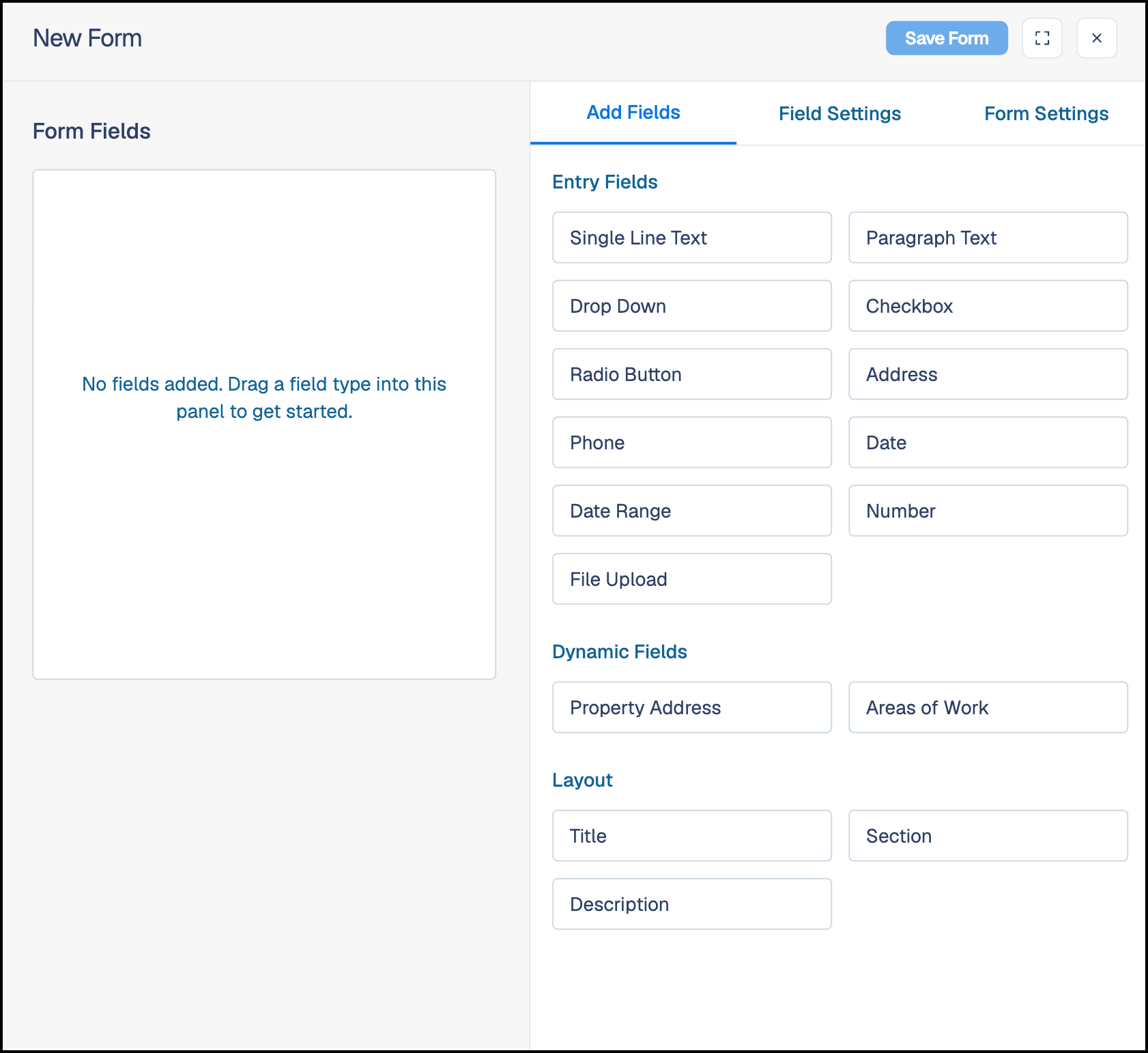 Form builder showing the form canvas, field palette, field settings, and form settings areas