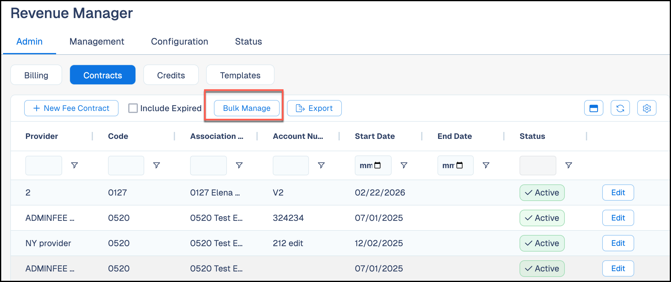 Revenue Manager Admin Contracts page showing the Bulk Manage button