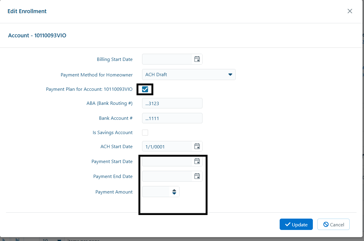 Edit Enrollment screen with Payment Plan fields