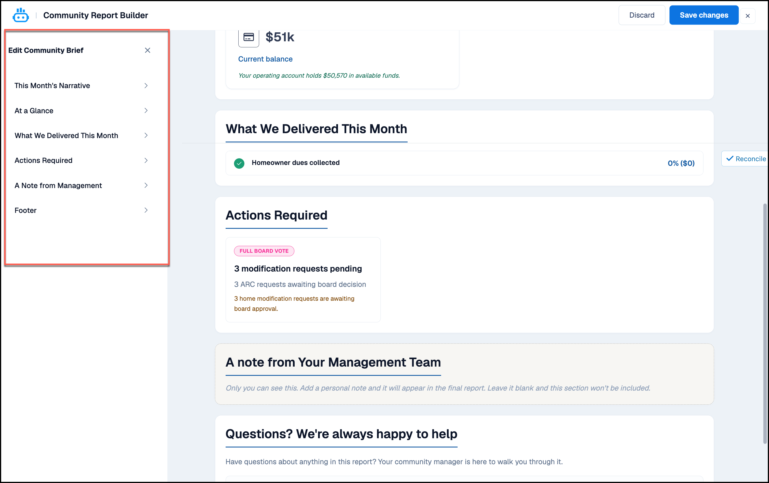 The Community Report Builder, where you edit each section of the report.