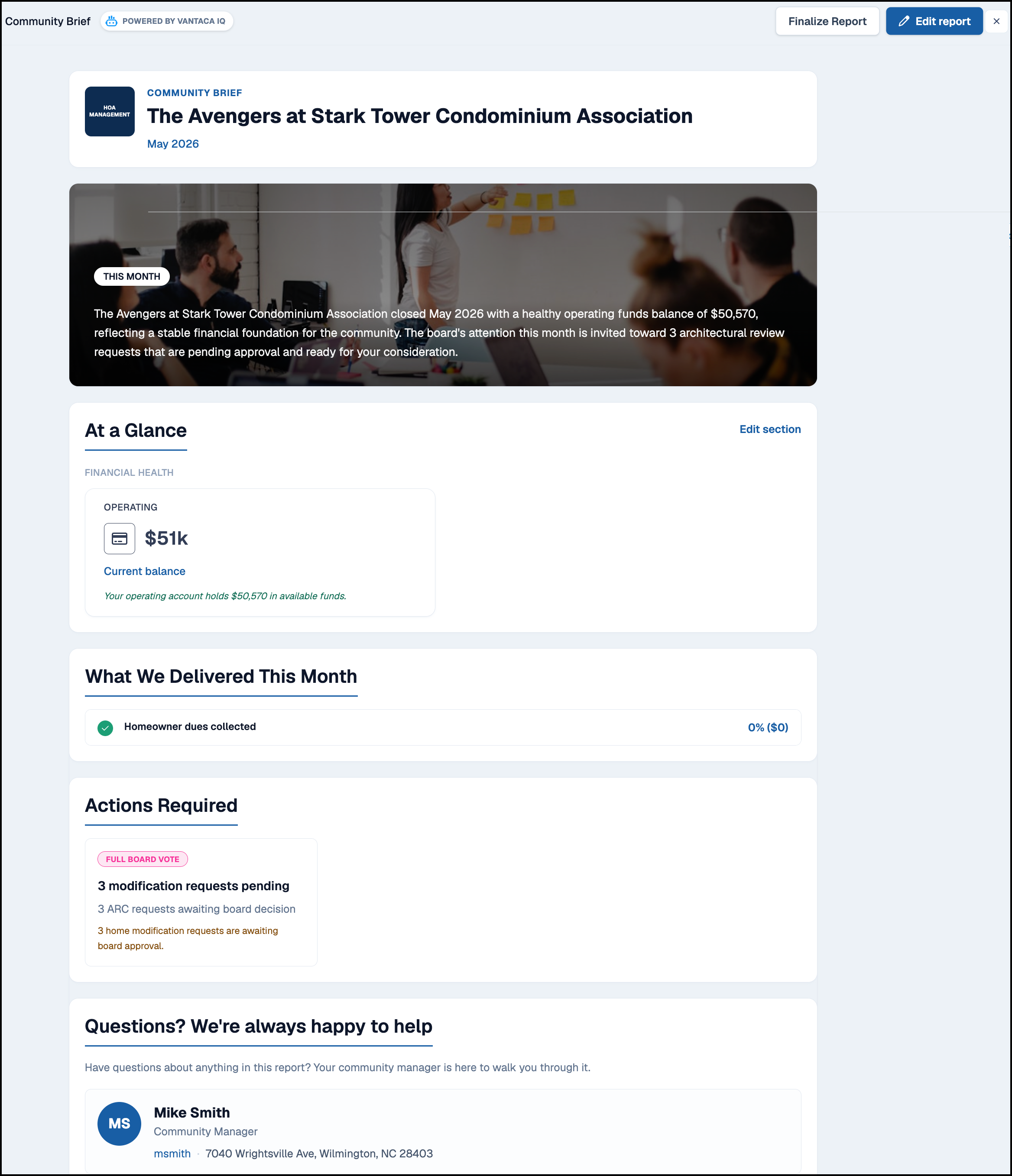 The generated Community Brief report displayed in Vantaca.