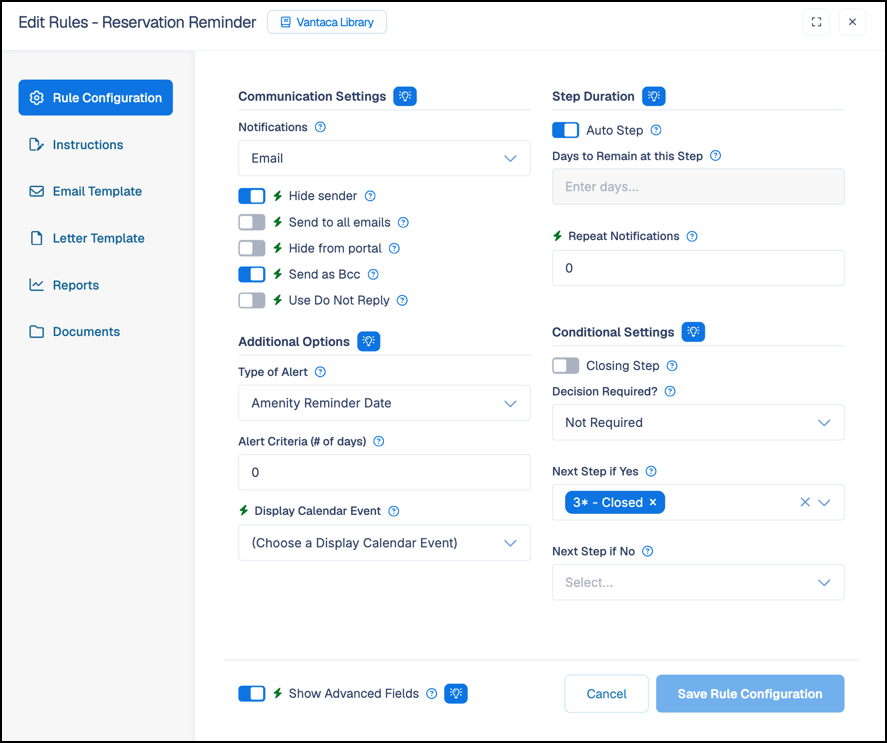 Edit Rules screen, Rule Configuration tab